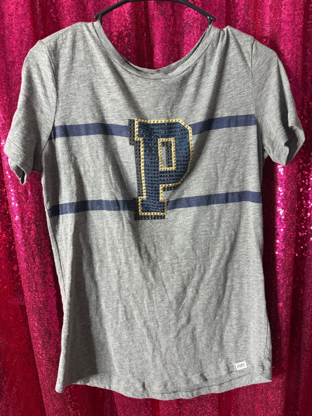 Grey Tee with Navy 'P' Applique and Gold Studs